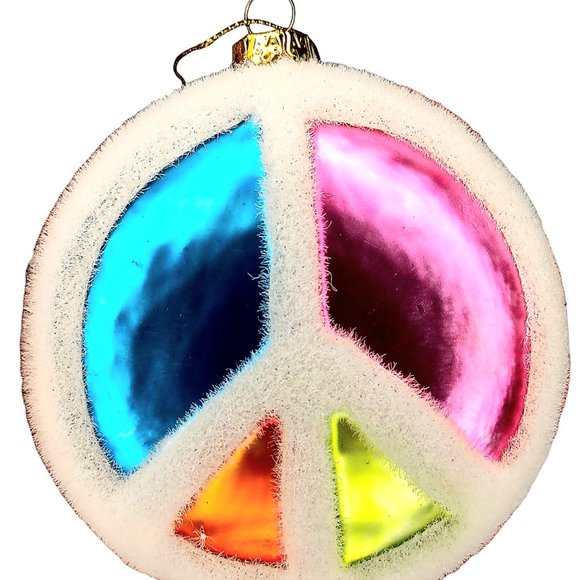 Psychedelic Peace Sign Christmas Ornament Glass Flocked Hippie Boho - Picture 7 of 12
